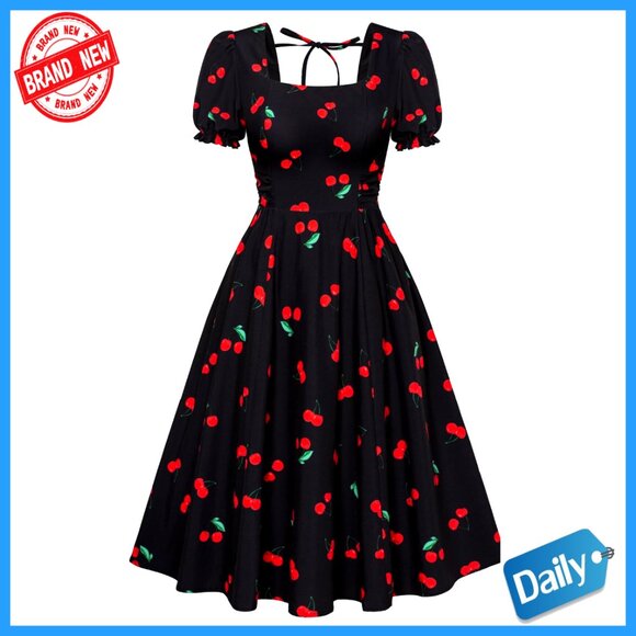 Dresses & Skirts - Vintage Square Neck Midi Dress Puff Sleeves Ruched Waist Cottagecore Wedding